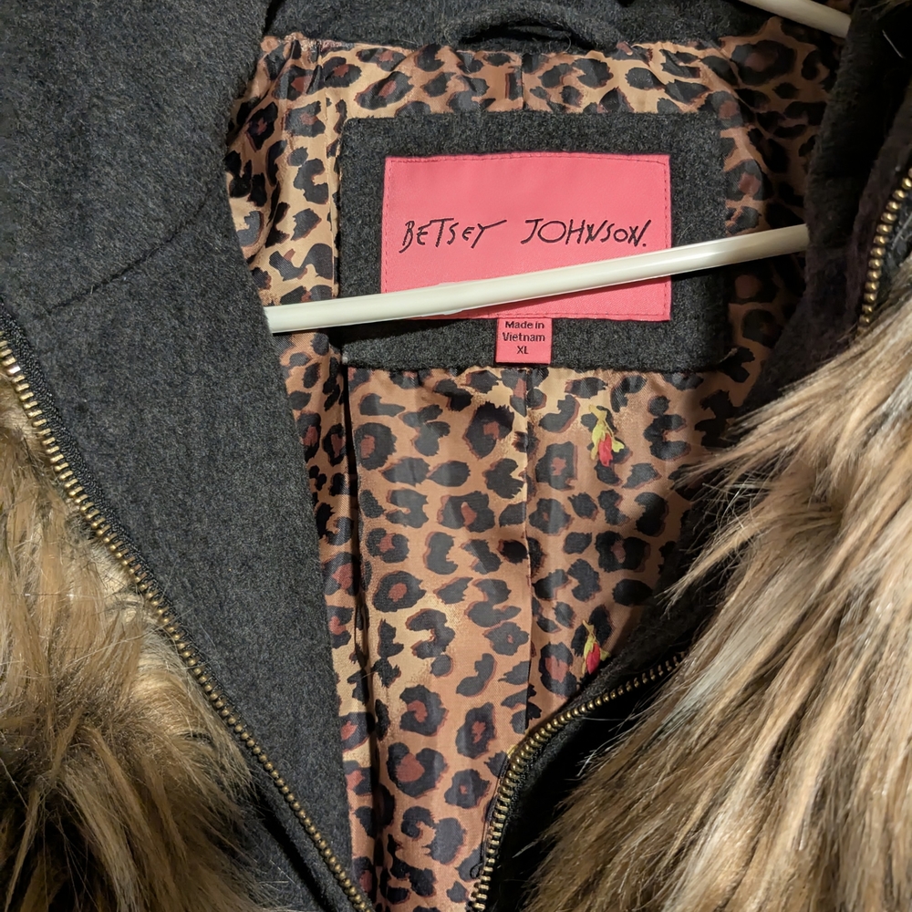 Betsey Johnson Gray Coat with Faux Fur and Leopard Lining